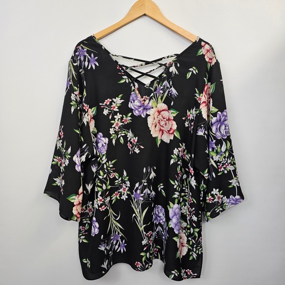 Avenue Black Dark Floral Top Womens 18/20 Lattice Back V-Neck 3/4 Sleeve Career - Picture 12 of 13